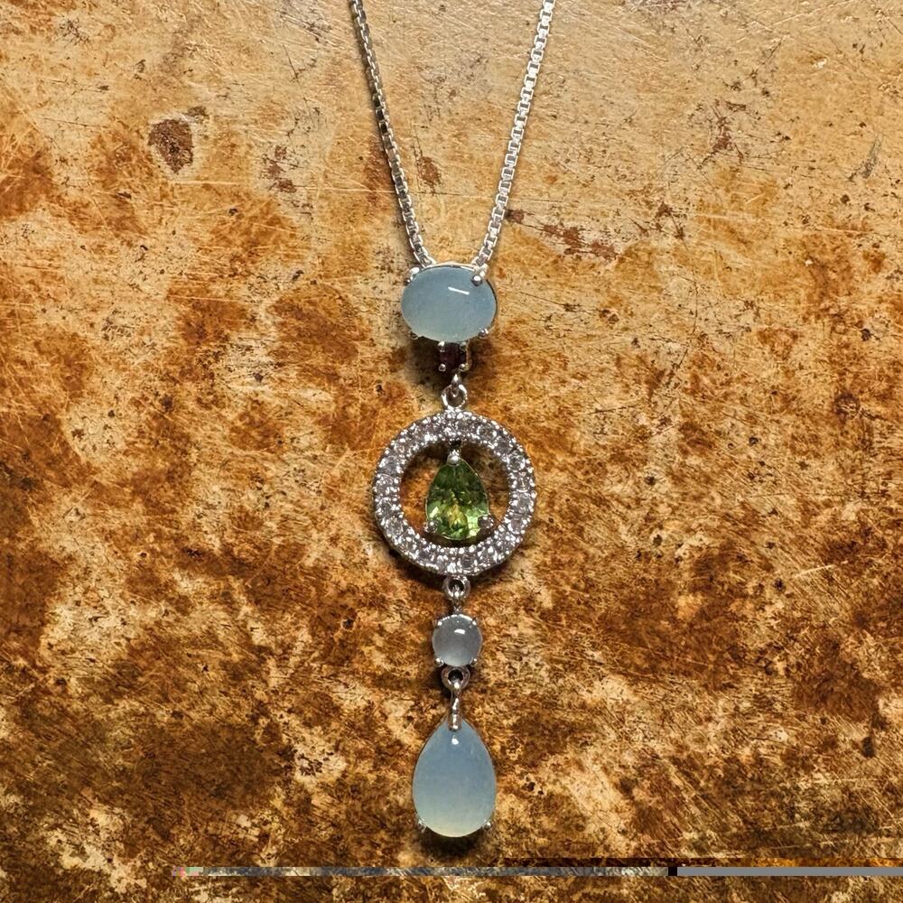HAN (Helen Andrews Inc.) Necklace Sterling Silver Multi Gemstone Box Chain 16 In